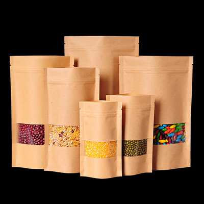 Recyclable Brown Kraft Paper Stand Up Zip Lock Pouches Bags With Matte Zipper Window Food Packaging Brown Matte Zipper Pouch Custom Print